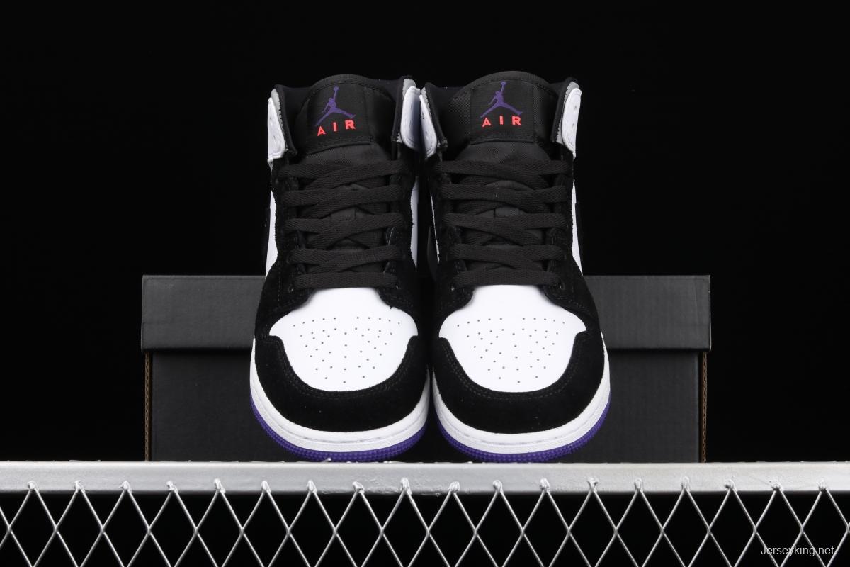 Air Jordan 1 Mid GS black, white and purple Zhongbang basketball shoes BQ6931-105