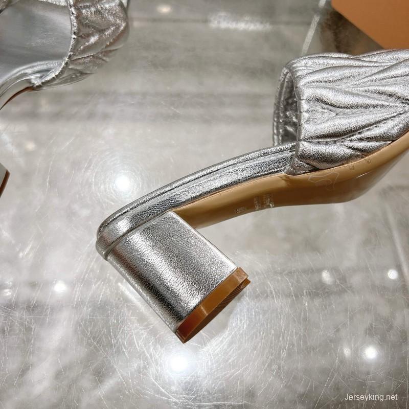 2025 Women Miu Miu Silver Leather High Heel Sandals