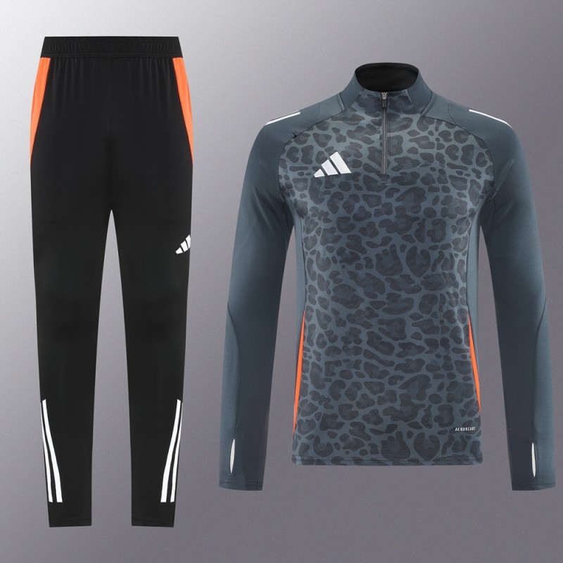 2025 Adidas Dark Grey & Black with Leopard Print Pattern and Orange Accents Half Zipper Jacket +Long Pants