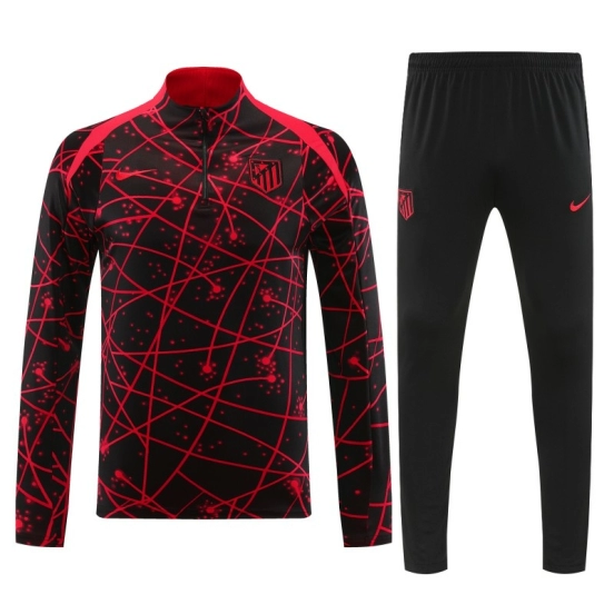 25/26 Atletico Madrid Black with Red Geometric Lines Pattern Half Zipper Jacket Tracksuit +Long Pants