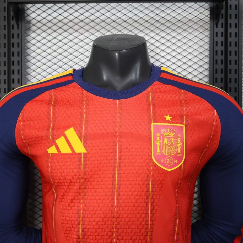 Player Version 2026 Spain Home Long Sleeve Red with Vertical Stripe Pattern Jersey