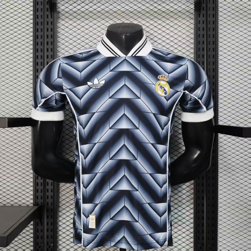 Player Version  1988/89 Real Madrid Third Navy Blue with 3D Geometric Chevron Pattern Jersey