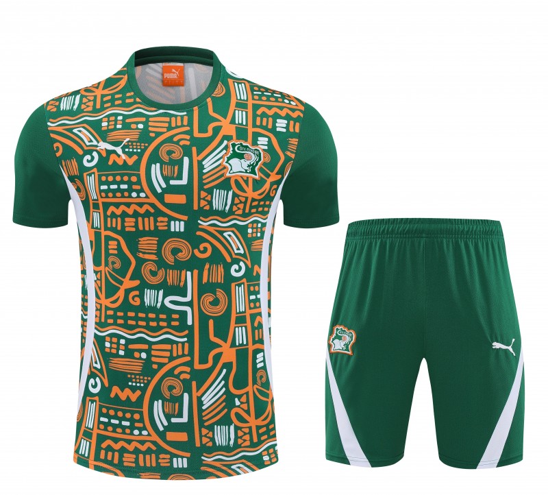 25/26 Côte d'Ivoire Green Tribal Print Short Sleeve Training Suit + Shorts