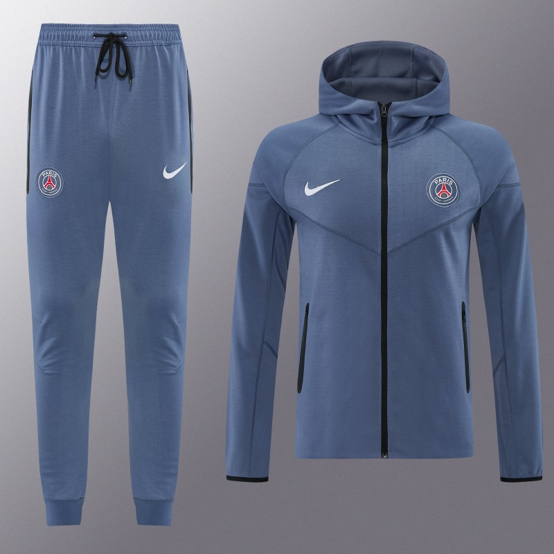 26/27  Paris Saint-Germain Steel Blue Full Zipper Hooded Jacket Tracksuit + Long Pants