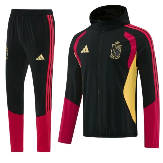 26/27 Belgium  Black Full Zipper Hooded Jacket Tracksuit + Long Pants