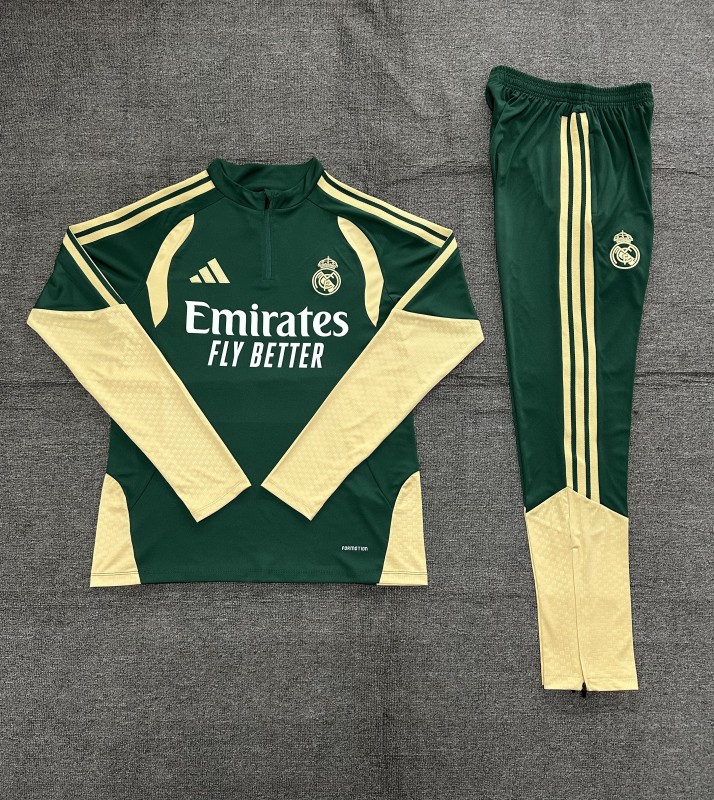 2026 Kids Real Madrid Green & Cream  Half Zipper Jacket Tracksuit + Long Pants