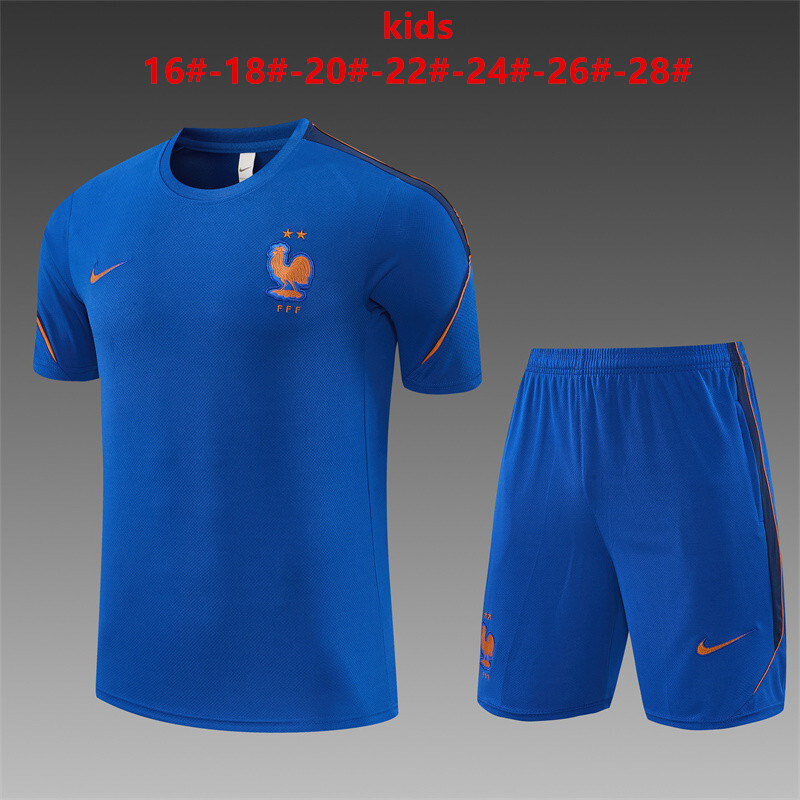 2026 Kids France Blue & Orange Short Sleeve+Soccer Shorts