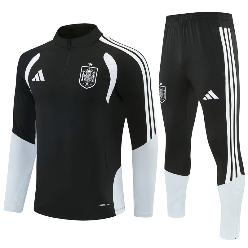 2026 Spain Black & White Half Zipper Jacket Tracksuit + Long Pants