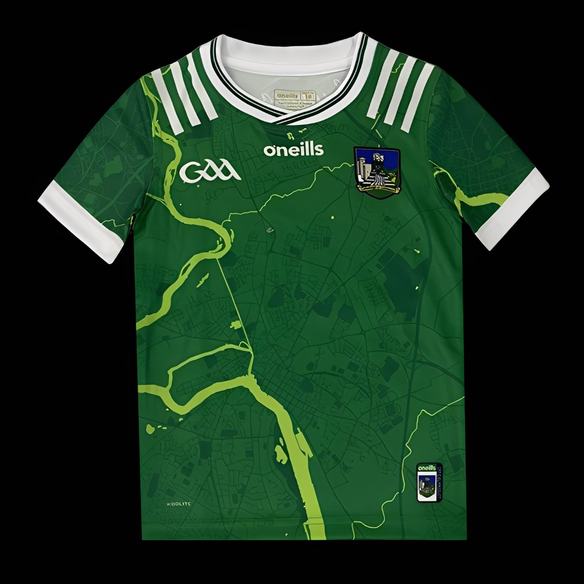 25/26 Kids Limerick GAA Green with River Map Pattern Home Jersey