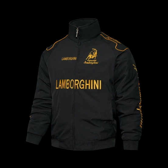 2026 F1 Lamborghini Automobili Black Racing Jacket with Gold Bull Logo Embroidery and Piping Details