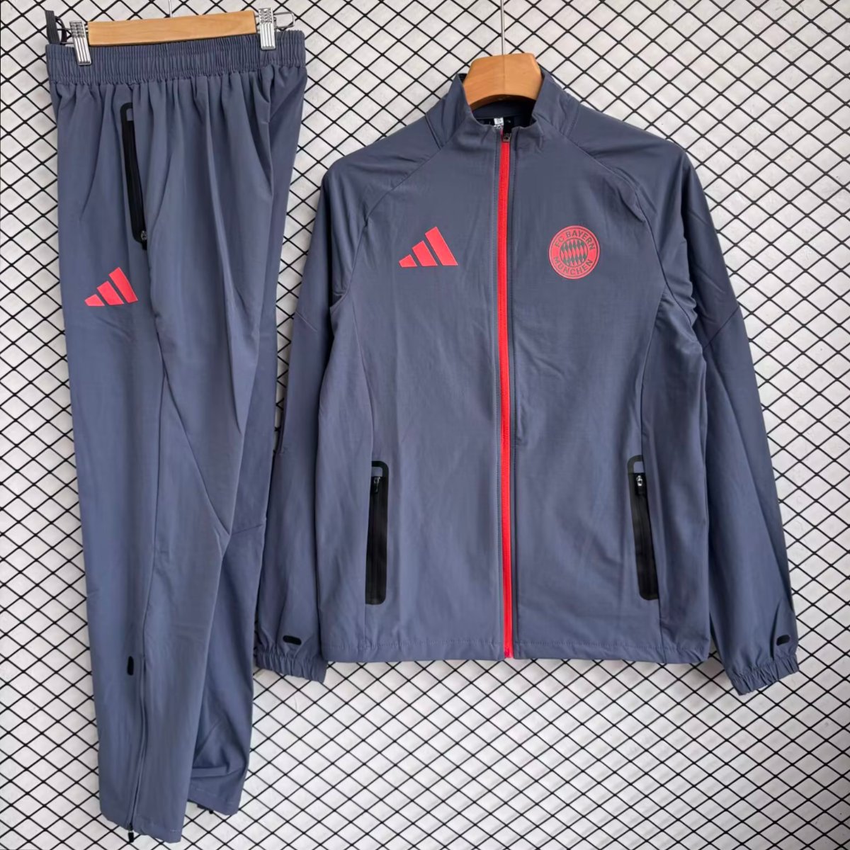 25/26 Bayern Munich Grey with Red Full zipper Jacket Tracksuit+ long pants