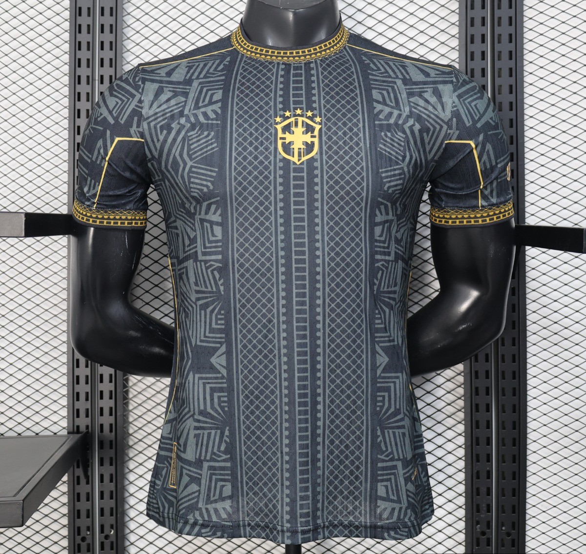 2026 Player Version Brazil Black with Gold Geometric Tribal Pattern Jersey
