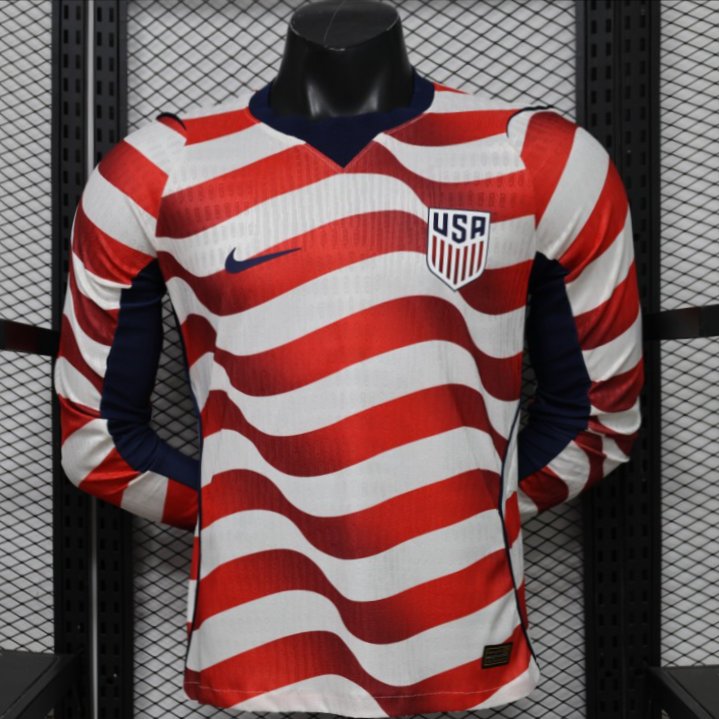 Player Version 2026 USA White & Red with Wave Stripe Long Sleeve Home Jersey