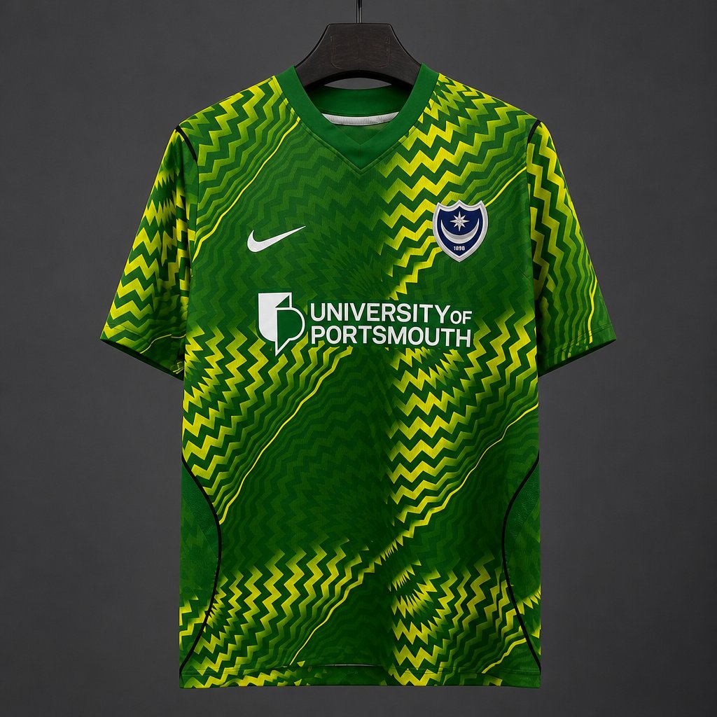 26/27 Portsmouth FC Goalkeeper Green with Yellow Zigzag Wave Pattern Jersey